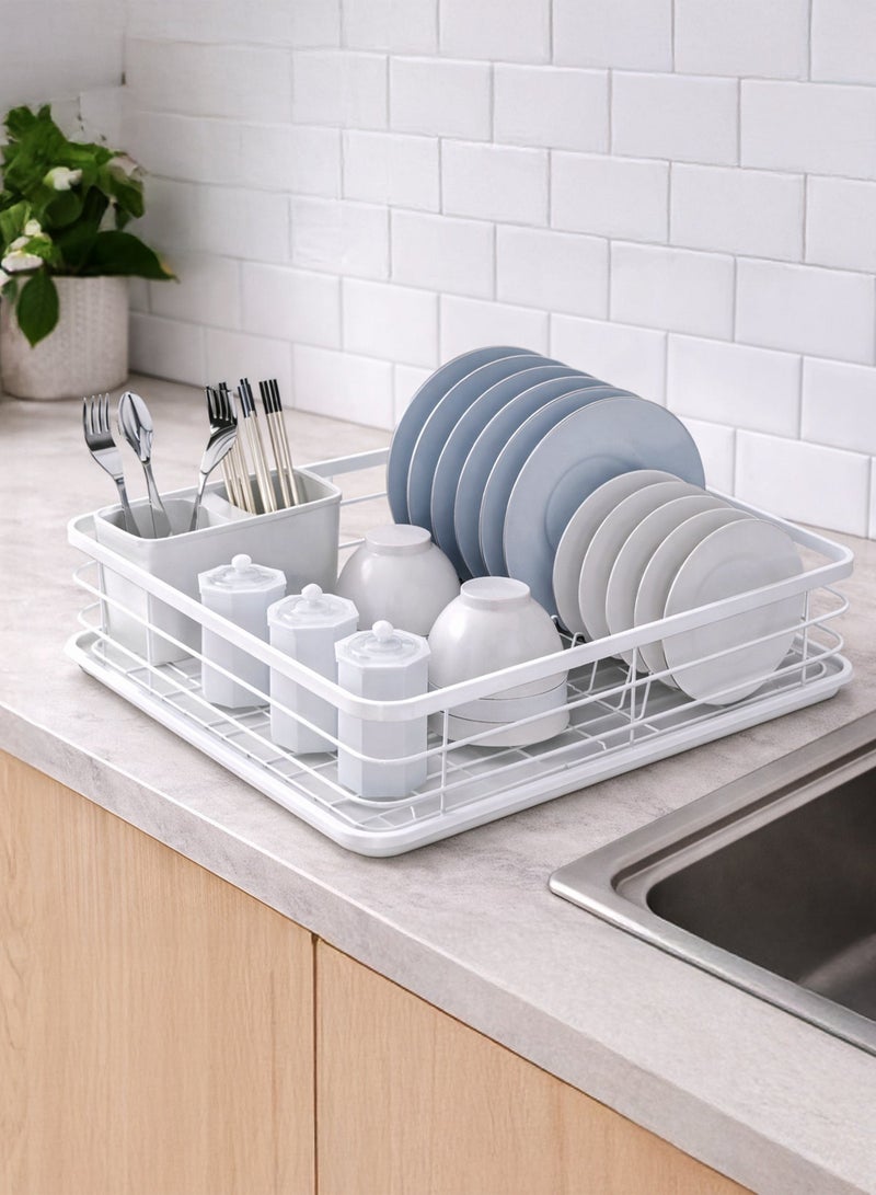 توشيونيكس رف تجفيف أطباق ذو طبقة واحدة مع صينية تصريف وحامل أدوات (T114611) - مصنوع من سلك حديدي مقاوم للصدأ وفولاذ كربوني، رف تجفيف موفر للمساحة يُوضع على سطح الطاولة للأطباق والأوعية والأكواب وأدوات المائدة - أبيض 43×31×14 سم - Image 1